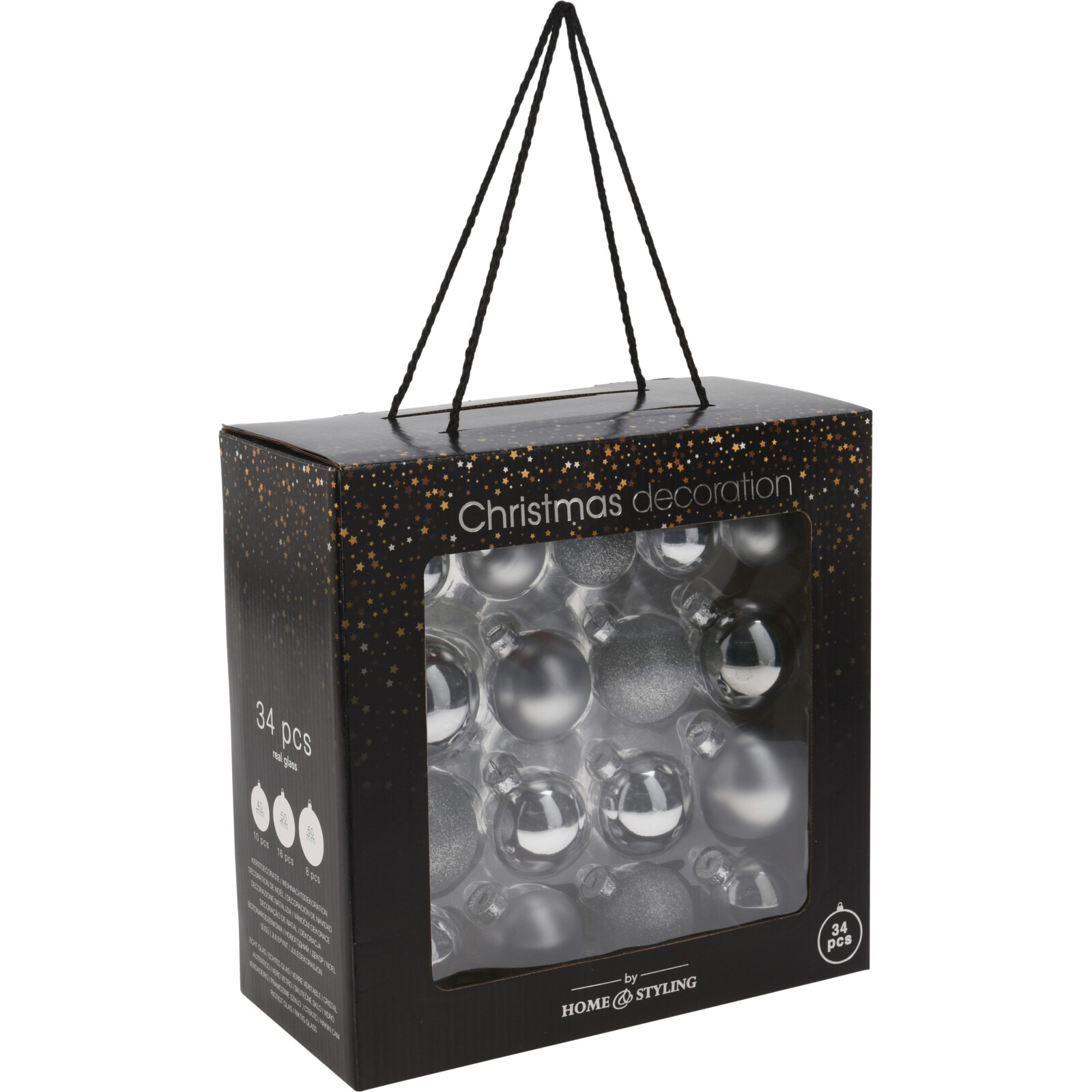 Set 34 globuri Craciun Home&Styling, 3 diametre: 4, 5 si 6 cm, sticla, finisaj mixt: lucios, mat si sclipici, argintiu