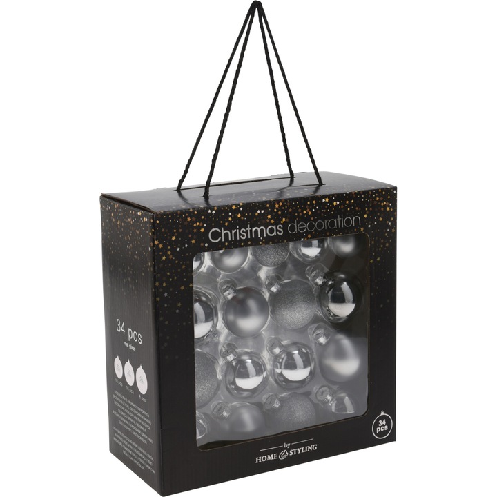 Set 34 globuri Craciun Home&Styling, 3 diametre: 4, 5 si 6 cm, sticla, finisaj mixt: lucios, mat si sclipici, argintiu