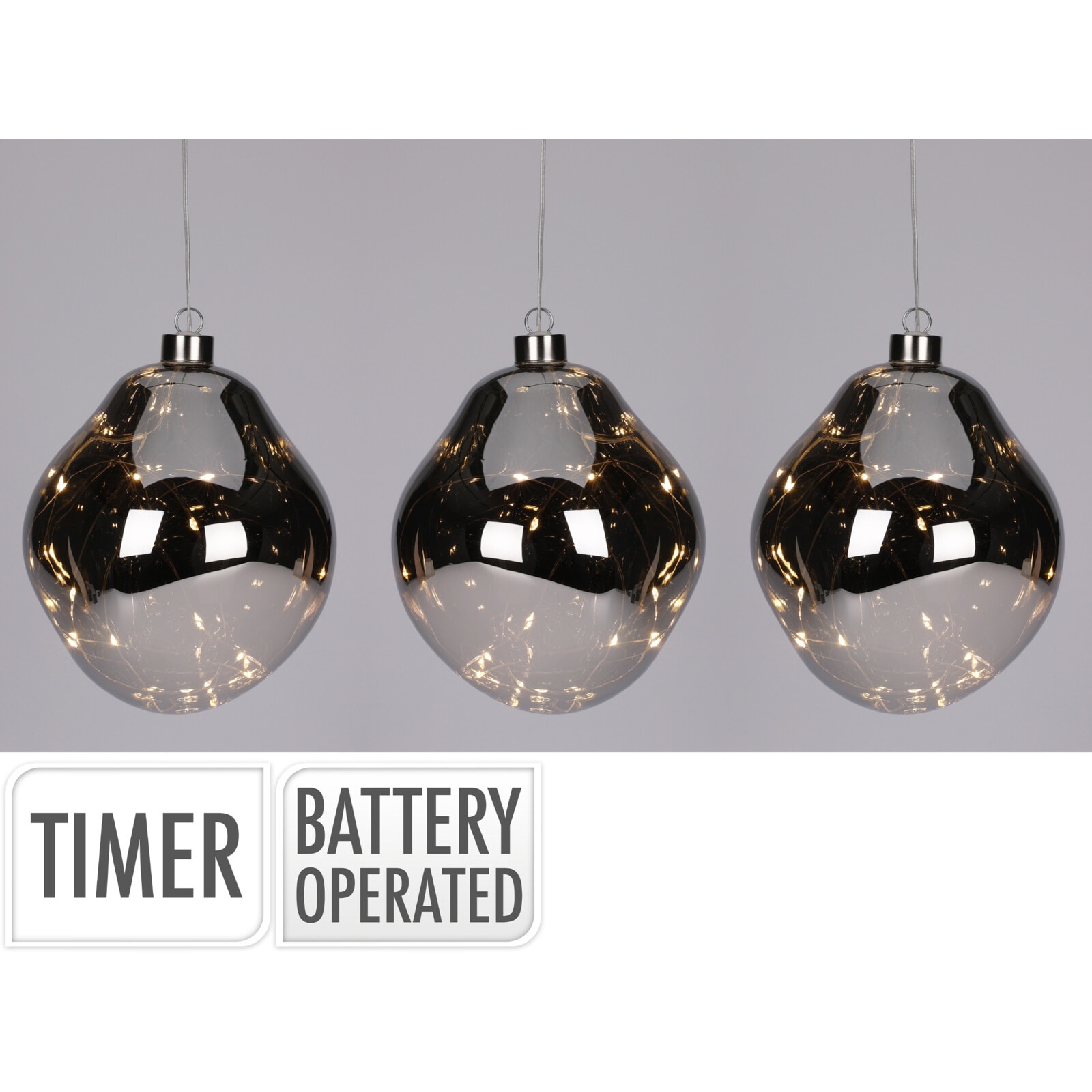 Set 3 globuri decorative cu Led Organic, diametru 10 cm, sticla, 8 Led-uri/glob, lumina alb-cald, gri