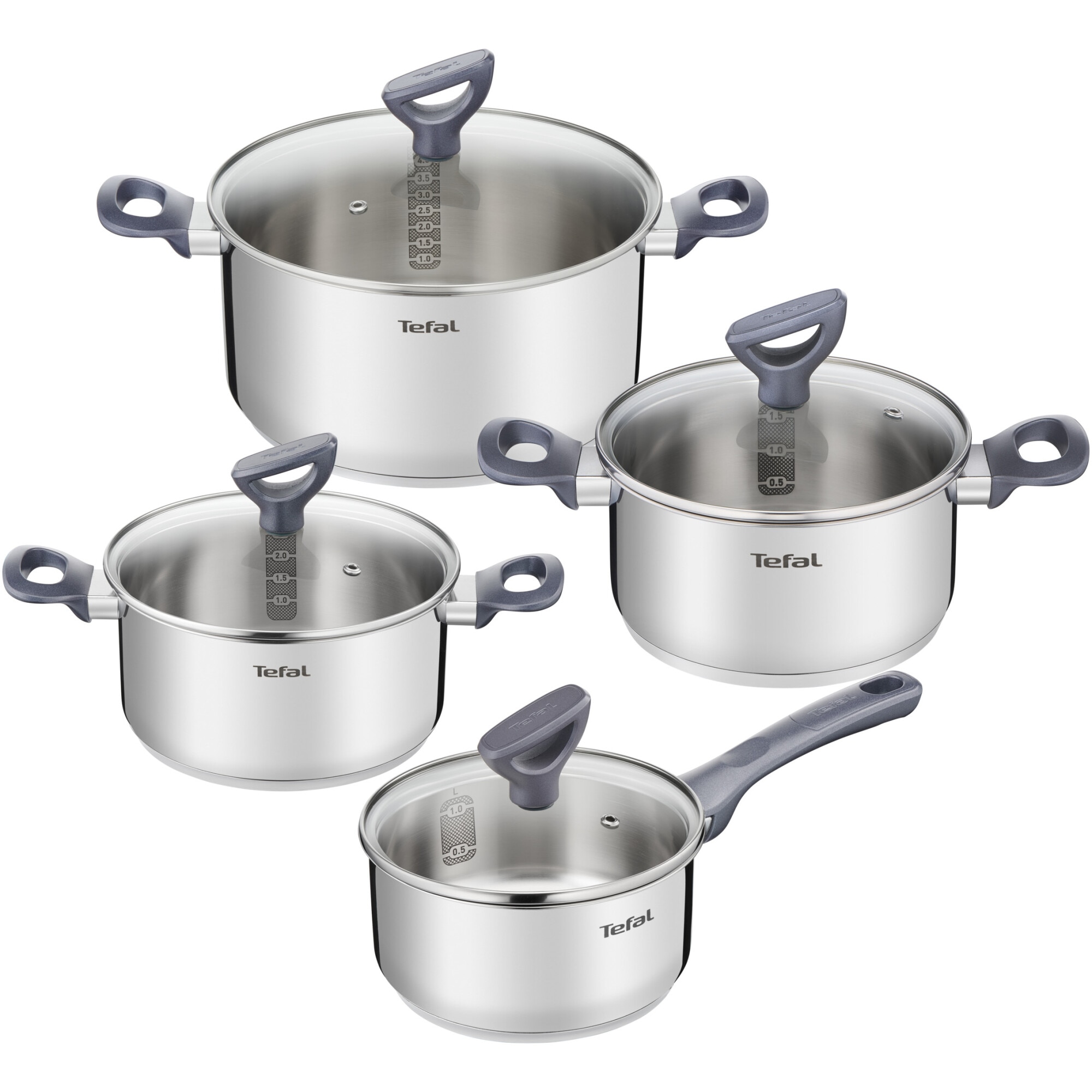 Set 8 piese Tefal Daily Cook, inductie, cratita de 16 cm, oala de 18/20/24 cm, 4 capace de sticla cu design inteligent, manere ergonomice, interior gradat, inox premium, argintiu