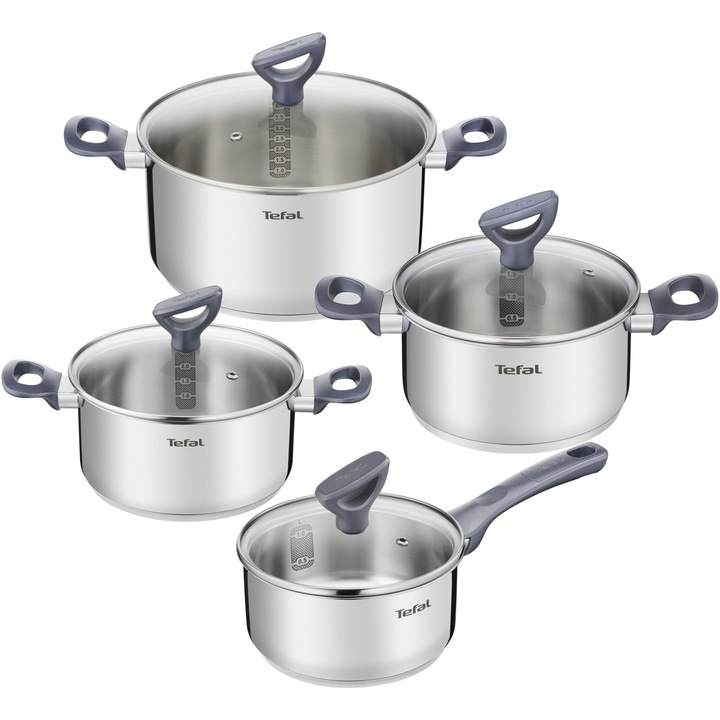 Комплект 8 части Tefal Daily Cook, Индукция, Тенджера 16 см, Тенджера 18/20/24 см, 4 елегантно проектирани стъклени капака, Ергономични дръжки, Градуиран интериор, Първокласна неръждаема стомана, Сребрист