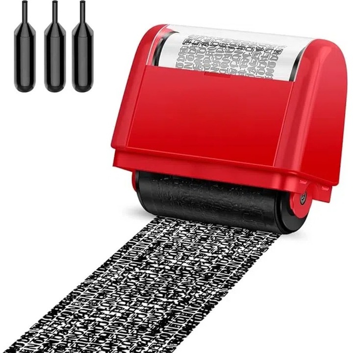 Address Blocker Stamp, Wide Roller Stamp, Including 3-Pack Refills Confidential Roller Stamp, Data Defender Anti Theft and Privacy Safety(Red Stamp + 3 Refills), Red