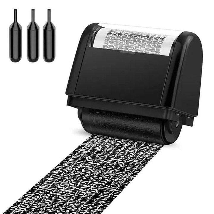 Address Blocker Stamp, Wide Roller Stamp, Including 3-Pack Refills Confidential Roller Stamp, Data Defender Anti Theft and Privacy Safety(Black Stamp + 3 Refills), Black