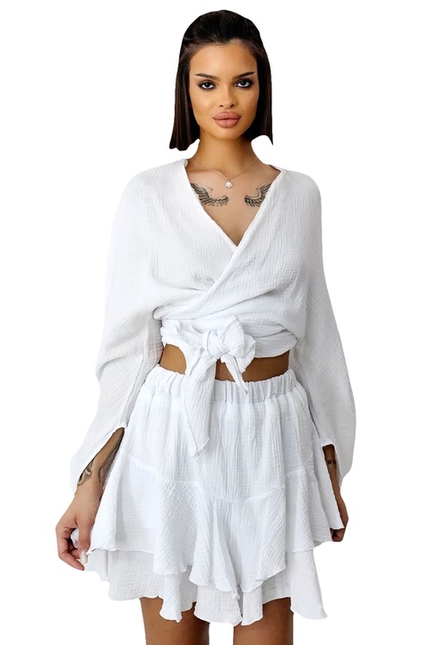 Compleu Wichita, camasa, legare sub bust si fusta-pantalon croi scurt, Alb, Marimea universala S/M/L