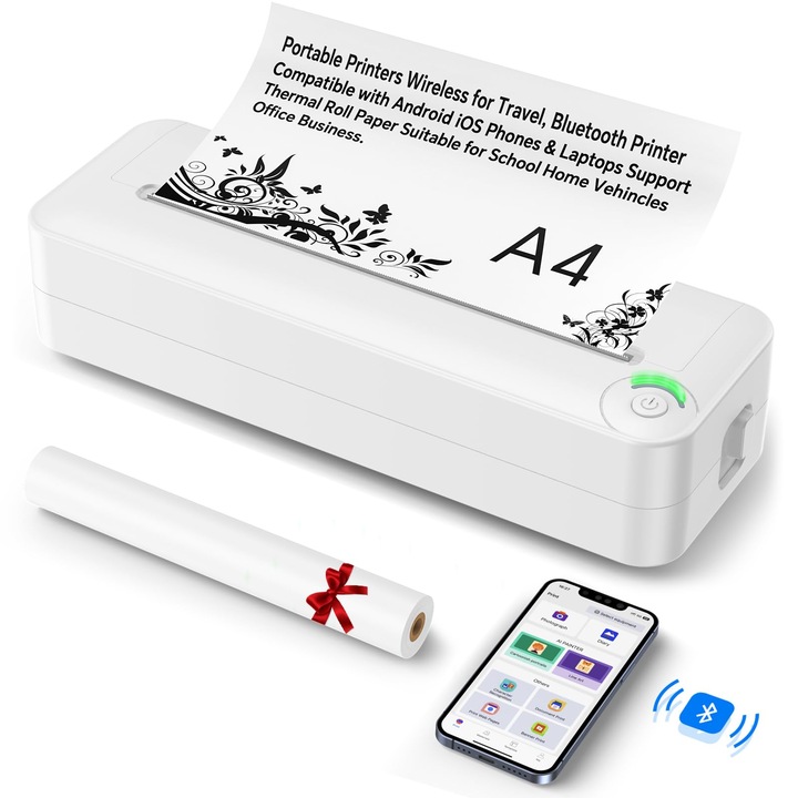 Hordozható Bluetooth hőnyomtató iOS-hez Android Tablet Telefon Laptop Számítógép 200DPI 1500mAh Akkumulátor járműhöz Otthoni Iroda Business School WALALLA
