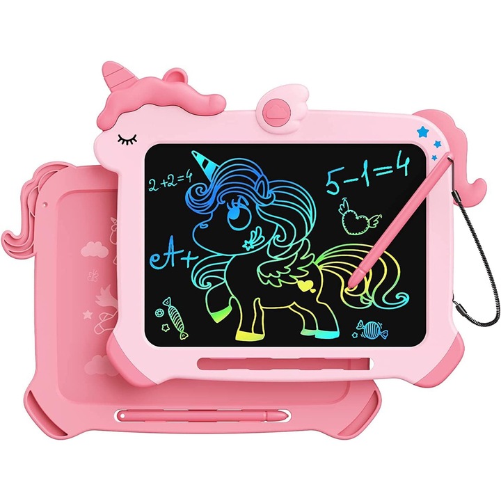 Tableta Digitala Elindor® pentru Desenat, Scris si Colorat, Ecran LCD 8.5 Inch, Jucarie Educativa si Interactiva pentru Copii, Pix Inclus, Interactiv, Educativ, Educational, Pentru Copiii de 3 pana la 8 Ani, Model Unicorn, Roz