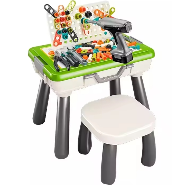 Set Banc de Lucru Multifunctional 4in1 BabyWorkshop Indiggo® cu Bormasina ELECTRICA Bidirectionala, Scaunel si 109 PIESE, Scris / Desenat, Cutie Depozitare Tip Valiza Portabila, Unelte si Accesorii, Margini Rotunjite, Stabil / Antiderapant, Green