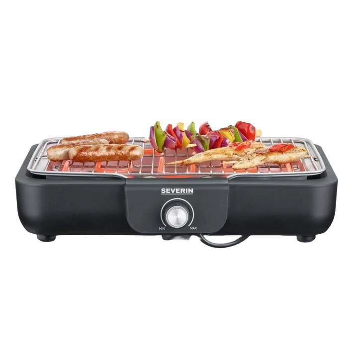 Gratar electric Severin, S8554, suprafata de gatit 37x29 cm, potrivit pentru interior/exterior, temperatura reglabila, incalzire rapida, tava de scurgere, curatare usoara, material grill otel inoxidabil, 2300 W, negru