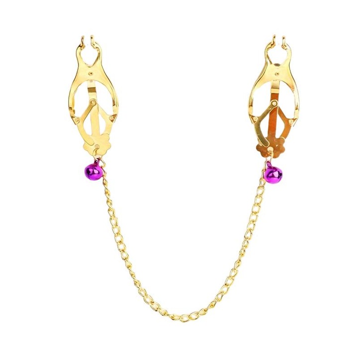 Cleme pentru sfarcuri, cu lant lung si clopotei, mov