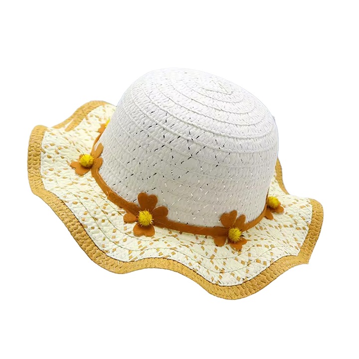 Шапка за слънце, детска, летен модел за момичета, допълнена с цветя и пискюли, вълнообразен ръб в контраст, хваща се под брадичката, тема I love flowers, универсален размер, кафяво, EFAYN