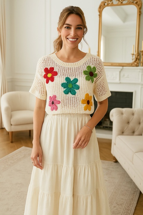 Bluza alba cu flori crosetate, LC277301-P1