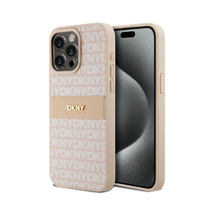 DKNY Leather Mono Stripe & Metal Logo telefontok, rózsaszín, iPhone 15 Pro Max telefonhoz