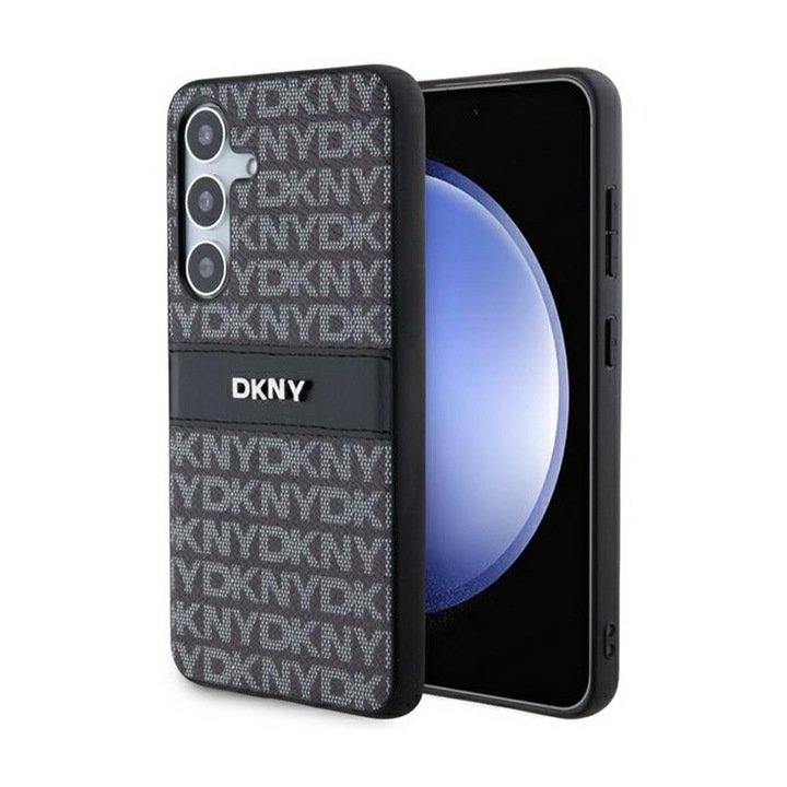 DKNY Leather Mono Stripe & Metal Logo telefontok, Samsung Galaxy S24+ kompatibilis, ökológiai bőr, fekete