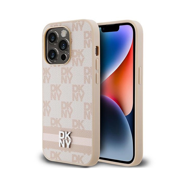 DKNY PU bőr Checkered Pattern and Stripe tok iPhone 14 Pro készülékhez rózsaszín