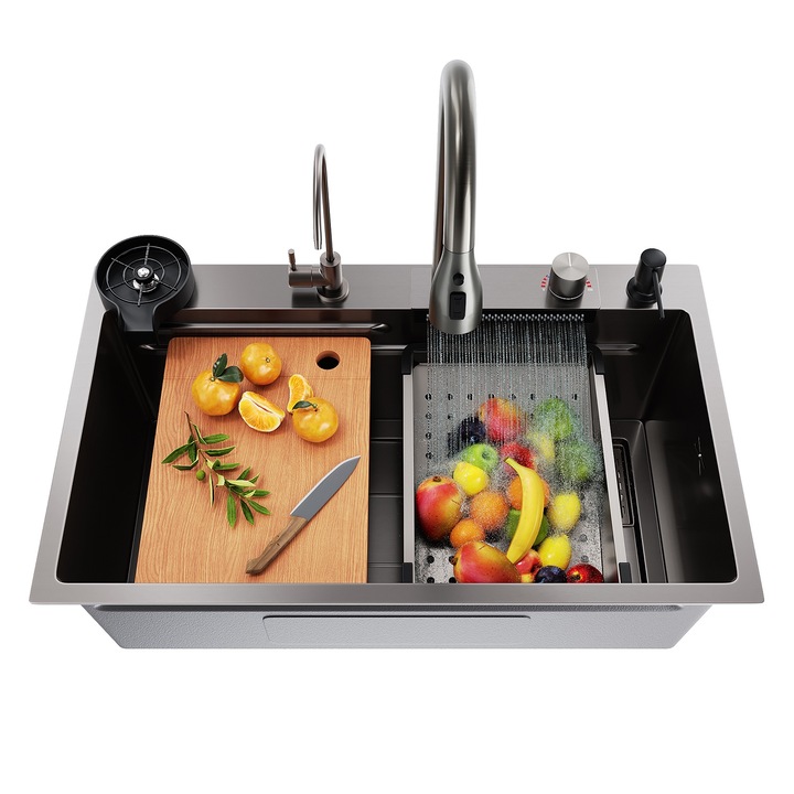 Chiuveta de bucatarie cu robinet cascada, Control temperatura apei pivotant, 75x45x23 cm