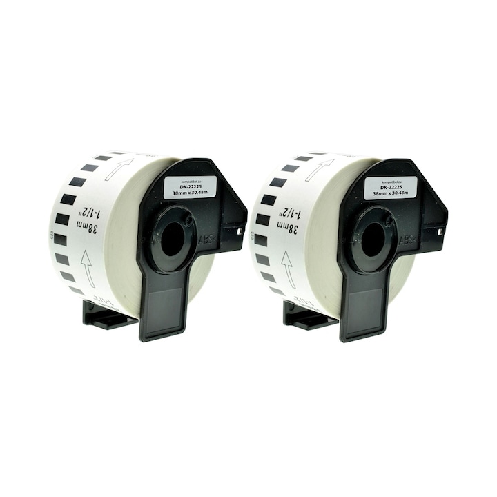Комплект от 2 ролки самозалепваща се лента DK 22225 38 mm X 30,48 m, Бял, Съвместима Brother P-Touch QL 1000 Series