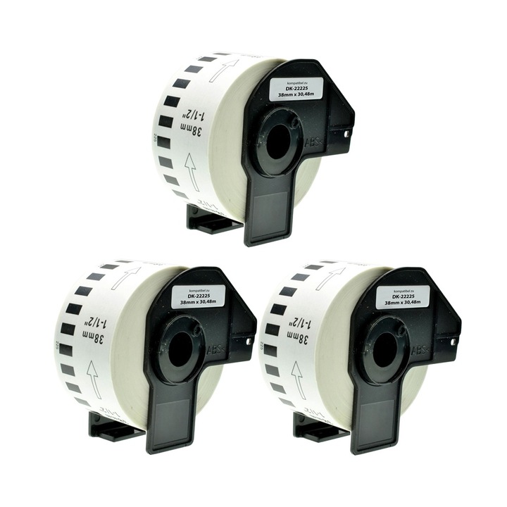 Комплект от 3 ролки самозалепваща лента DK 22225 38 mm X 30,48 m Бяла Съвместима Brother P-Touch QL 1000 Series / QL 1050 / QL 1060 N / QL 500 / QL 550 / QL 560 / QL 570 / QL 580 / QL 650 TD / QL 700 / QL 710 W / QL 720 NW QL 800 / QL 810 W / QL 820 NWB