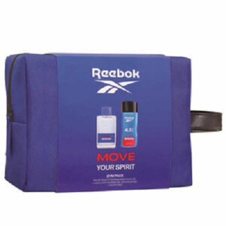Set ingrijire pentru barbati, Reebok Move Your Spirit, Gel de dus 250 ml, apa de toaleta 100 ml, geanta cosmetice