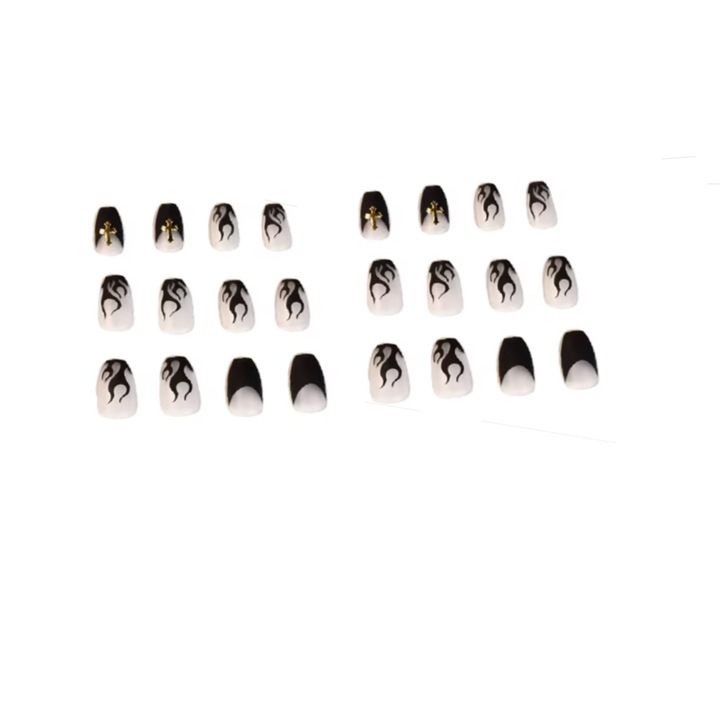Set 24 unghii false press-on, ABS, Tip balerina, Adezive, Negru/Transparent, SA&SO General Store®