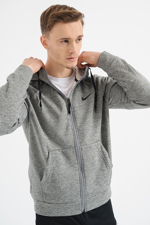 Nike, Hanorac relaxed fit pentru fitness Therma-FIT, Gri inchis melange