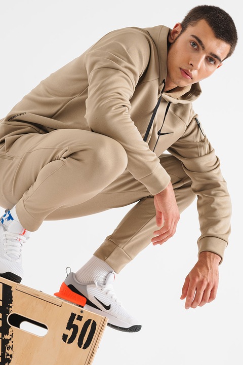 Nike, Pantaloni conici cu logo, pentru fitness, Kaki