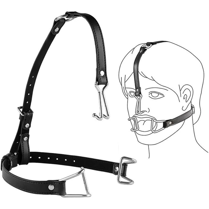 Set BSDM TiedUp Obsessia® din piele ecologica pentru retinere faciala, cu carlig pentru nas si retractor pentru obraji, ajustabil, cu prindere prin curea, 50 x 48 cm