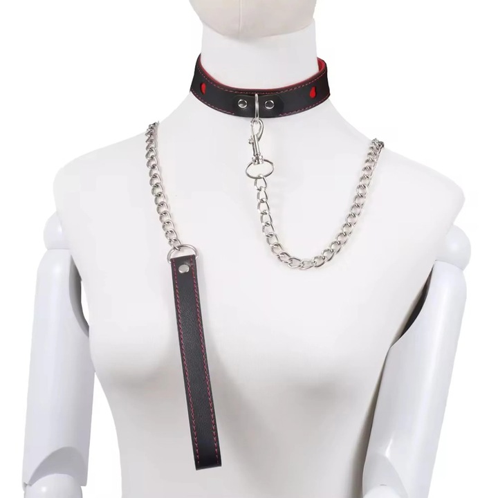 Set 2in1 WalkMe Obsessia® cu zgarda cu lesa erotice BDSM, din piele egologica, negru cu rosu, ajustabil, cu lant din otel inoxidabil argintiu, zgarda 48.8 cm, lesa 100 cm, 142.5 g, jucarii sexuale cupluri