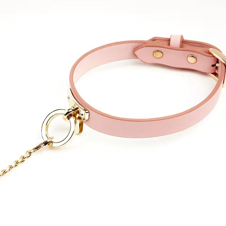 Lesa Obsessia® GoodGirl din piele naturala, roz, premium, cu lant auriu, BSDM, pentru jocuri de cupluri, zgarda 42 x 1.8 cm, lesa 74.7 cm, 138 g