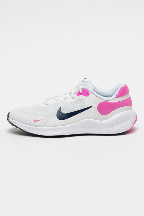 Nike, Pantofi cu imprimeu logo, pentru alergare Revolution 7, Alb/Roz