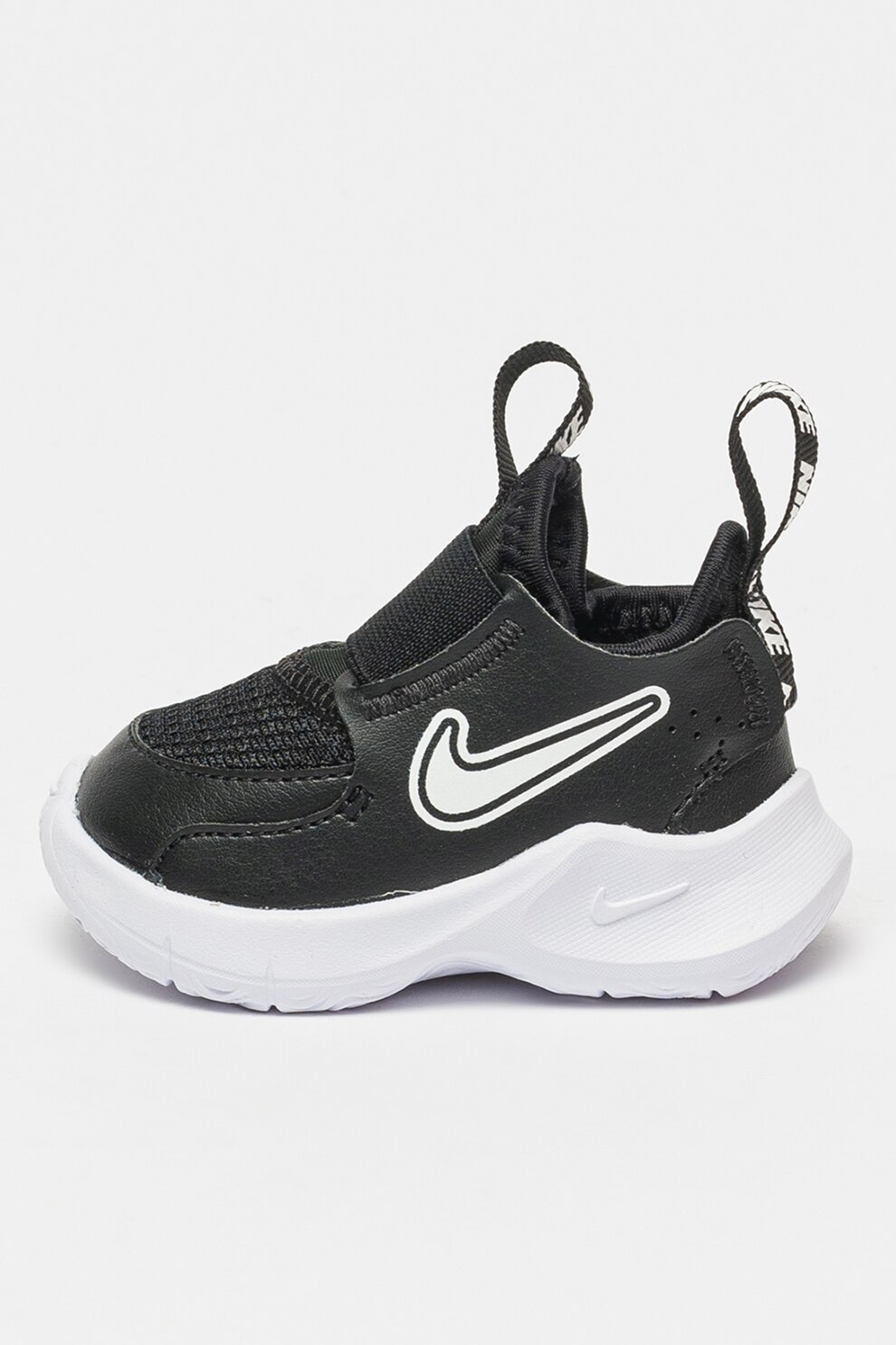 Nike, Pantofi sport slip-on cu imprimeu logo Flex Runner 3, Alb, Negru, 19.5 EU