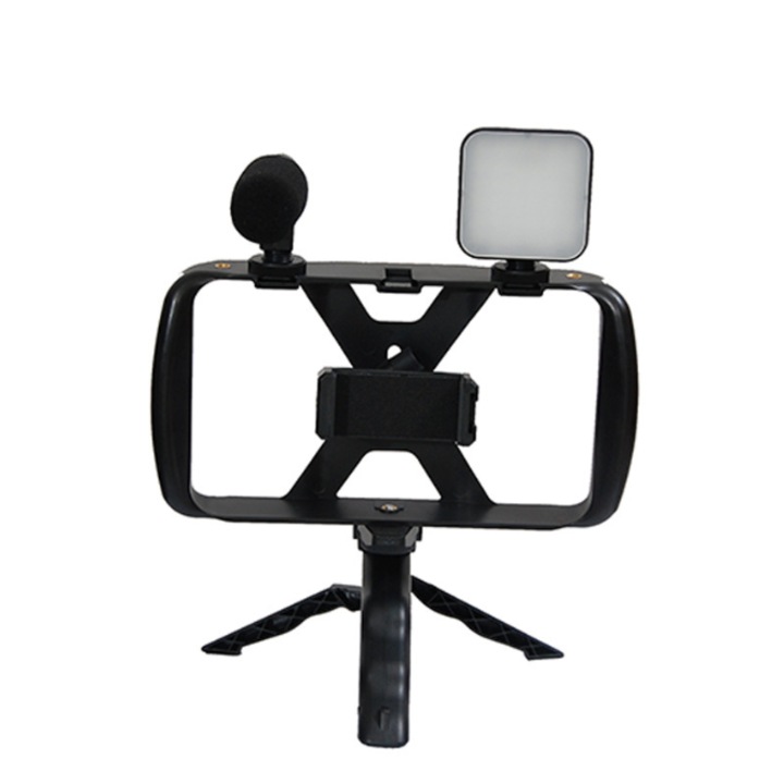 Mini trepied Universal pentru camere si telefoane, Lumina reglabila, microfon, Culoare Negru
