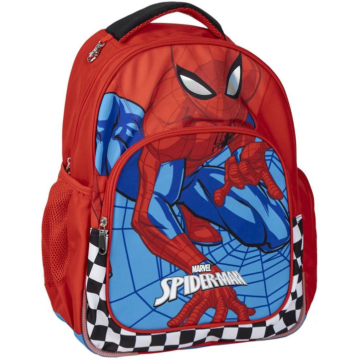 Ghiozdan copii Spider-Man, 2 fermoare, 42 x 32 x 15 cm, Rosu - Albastru