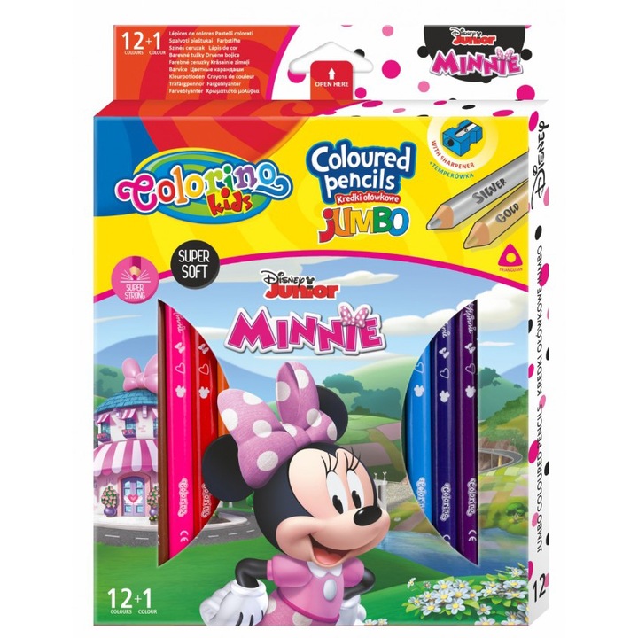 Creioane colorate, Colorino Kids, Minnie, Triunghiulare, Jumbo, 12 + 1 Culori
