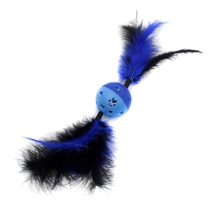 Jucarie interactiva pentru pisici, minge cu clopotel si pene, 30 cm x 5 cm, albastru