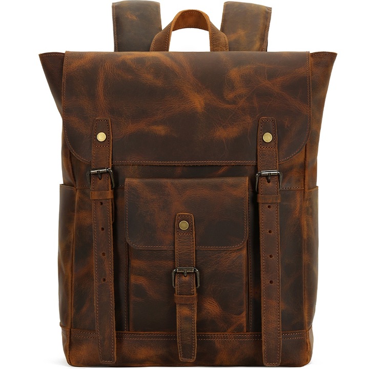 Rucsac din piele naturala, compartiment laptop 15.6 inch, potrivit pentru birou, calatorii, drumetii, activitati zi de zi, aspect vintage, stil retro, unisex, JOLAR., P-0120BN, Maro