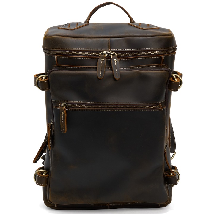 Rucsac din piele naturala, compartiment laptop 15.6 inch, potrivit pentru calatorii, drumetii, activitati zi de zi, aspect vintage, stil retro, unisex, JOLAR., P-0063DKBN, Maro inchis