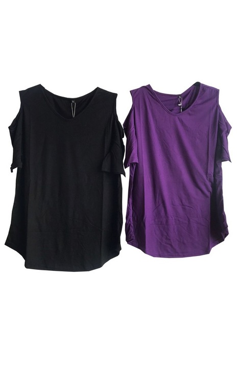 Set 2 tricouri dama, decolteu in V, decupaj la umeri, violet negru, DOTIN, negru violet