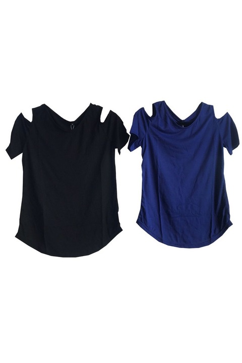 Set 2 tricouri dama, decolteu in V, decupaj la umeri, albastru negru, marimea S, DOTIN