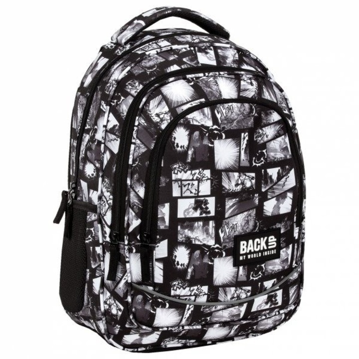 Rucsac scolar Manga Comics, BackUp, poliester, 3 compartimente, impermeabil, 42x30x20cm, negru/alb