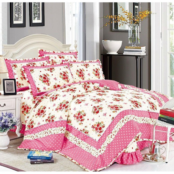 Lenjerie de Lux cu Volanase, Bumbac Finet, Roz Floral, 4 piese, 2 persoane, 230x250cm, Multicolor