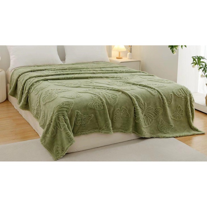 Patura pentru pat dublu, Cocolino, Fluturi 3D, 200x230cm, Verde