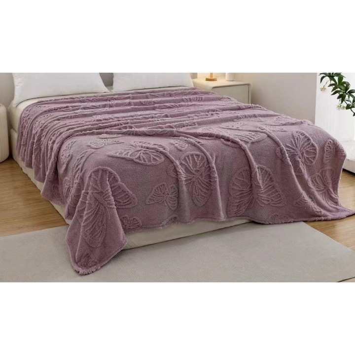 Patura pentru pat dublu, Cocolino, Fluturi 3D, 200x230cm, Lila