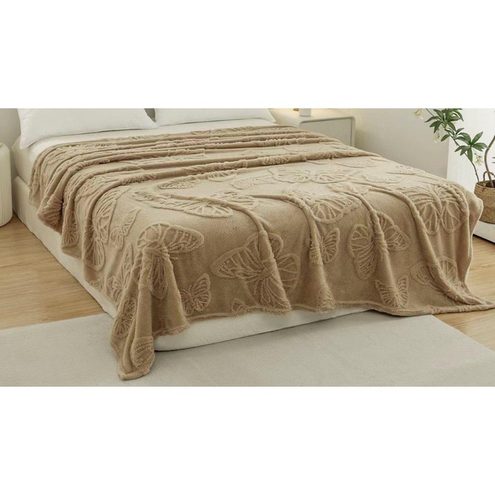 Patura pentru pat dublu, Cocolino, Fluturi 3D, 200x230cm, Cafea cu Lapte