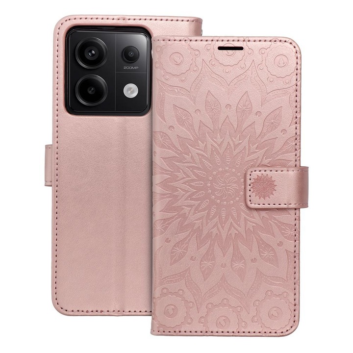 Xiaomi Redmi Note 13 Pro 5G kompatibilis könyvtok, bankkártyatartós, mágneszáras, mandala mintás, rose gold, Forcell Mezzo