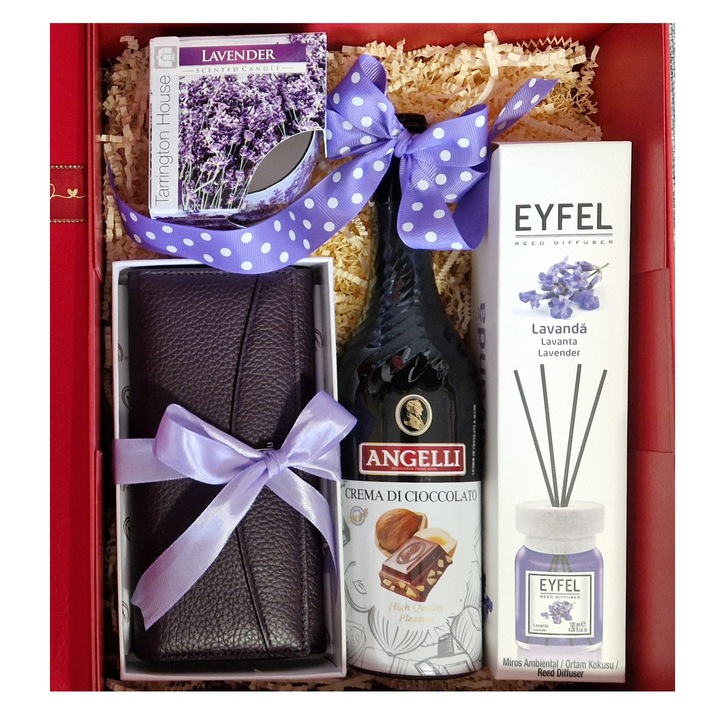 Pachet Cadou Lavander, cu portofel piele naturala, crema de ciocolata, difuzor si lumanare lavanda