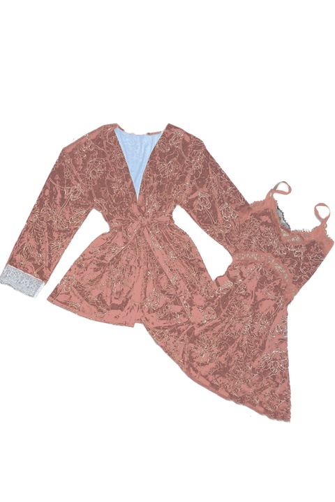 Set pijama 2 piese cu aspect catifelat si insertii dantela, halat si camasa de noapte TY-SR017roz 106083, Roz, One Size