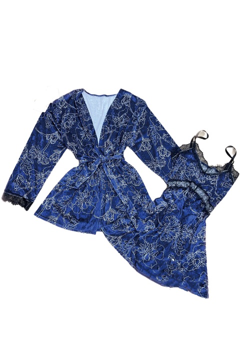 Set pijama 2 piese cu aspect catifelat si insertii dantela, halat si camasa de noapte TY-SR017bleumarin 106084, Bleumarin, One Size