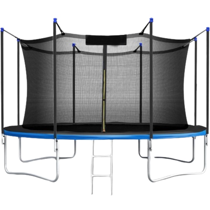 DacEnergy kerti trambulin, fém oszlopok, fém létra, belső biztonsági háló, cipzáros, 64 db rugók, 4 dupla U alakú láb, 374 cm