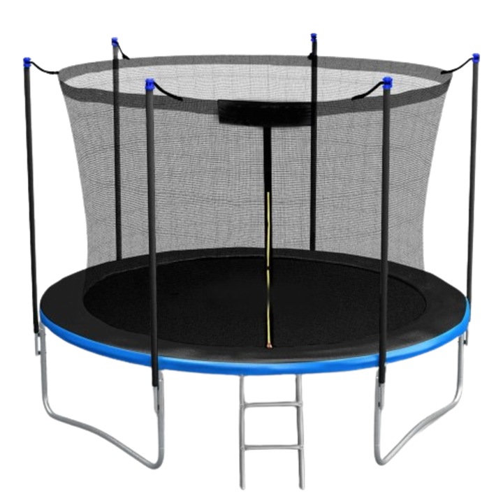 DacEnergy kerti trambulin, fém oszlopok, fém létra, belső védőháló, cipzárral, 42 db rugó, 3 db dupla U alakú láb, 252 cm