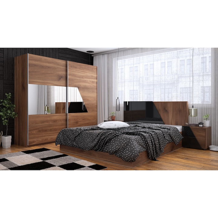 Спален комплект MBX, Alexandra, гардероб, легло, 2 нощни шкафчета, brandy castello oak, black gloss MDF
